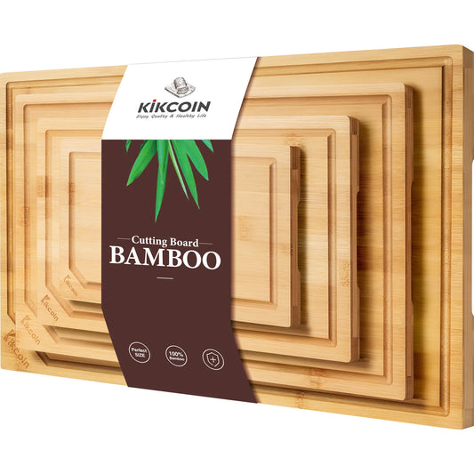 4-piece extra large heavy duty bamboo cutting board set With Inner handle design.
