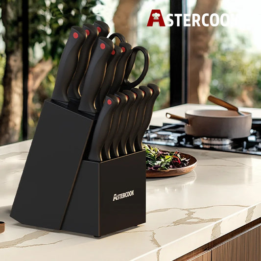 15PCS Stainless Steel Knife Set with Built In Sharpener Block