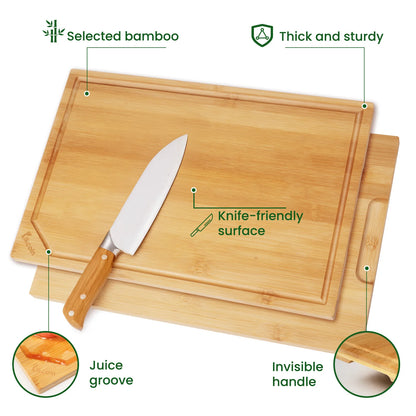 4-piece extra large heavy duty bamboo cutting board set With Inner handle design.