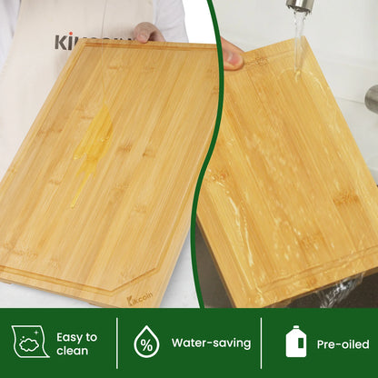 4-piece extra large heavy duty bamboo cutting board set With Inner handle design.