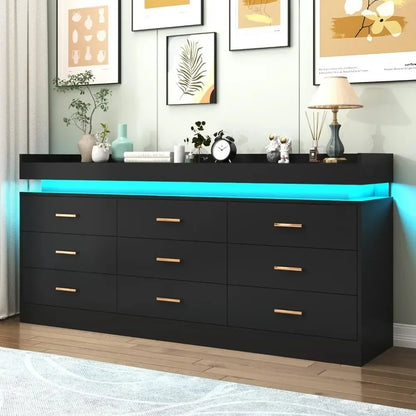 Modern 9 Drawer Dresser with LED Lighting Wide