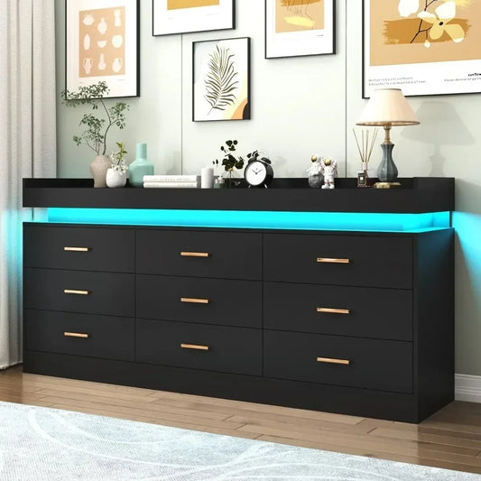 Modern 9 Drawer Dresser with LED Lighting Wide