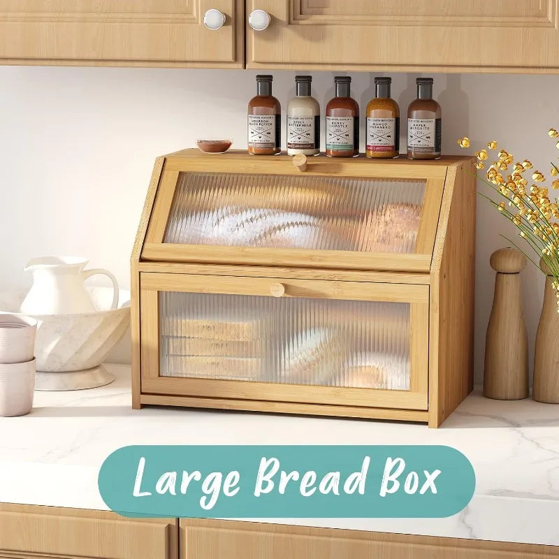 Bread Box for Kitchen Counter, Large Bamboo Wood Double Layer Bread Box, Wooden Bread Storage Capacity