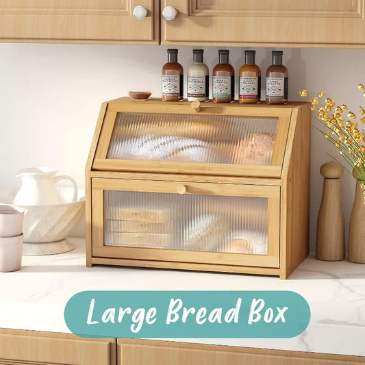 Bread Box for Kitchen Counter, Large Bamboo Wood Double Layer Bread Box, Wooden Bread Storage Capacity