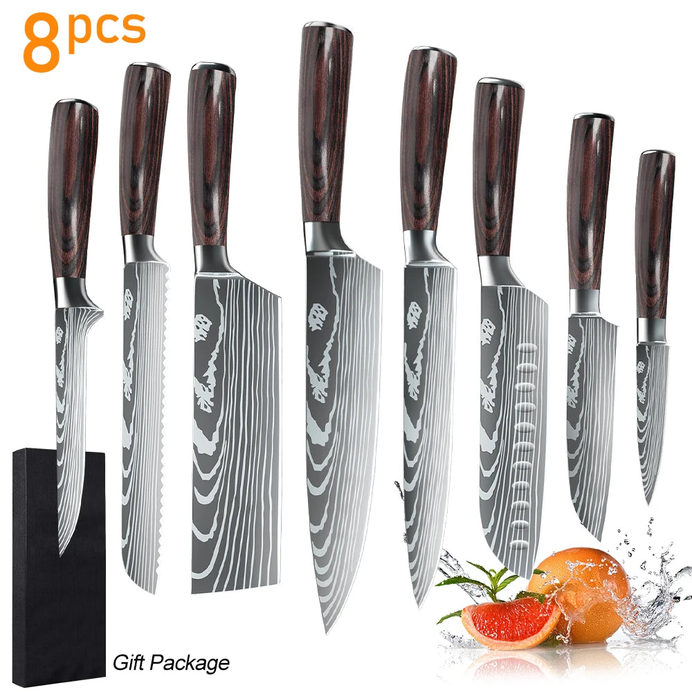 8/10pcs Japanese Kitchen Knives Set Laser Damascus Pattern