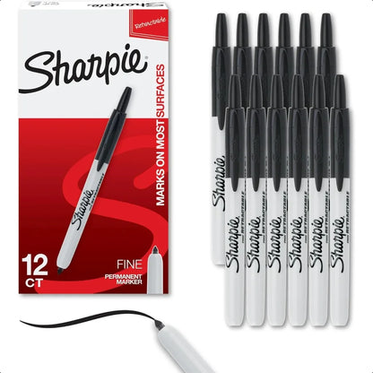 Retractable Permanent Fine Tip Marker Set Black 12 Count