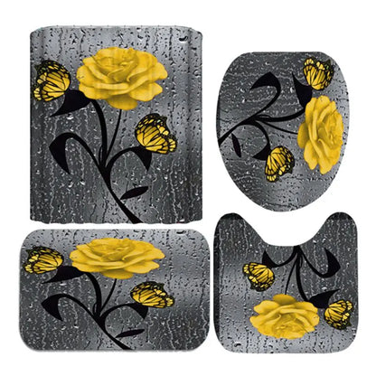 4pcs Set Doormat Shower Curtain with Non-Slip Rugs Toilet Seat Cover Bath Carpet Durable Waterproof Bathroom Home Entrance Decor
