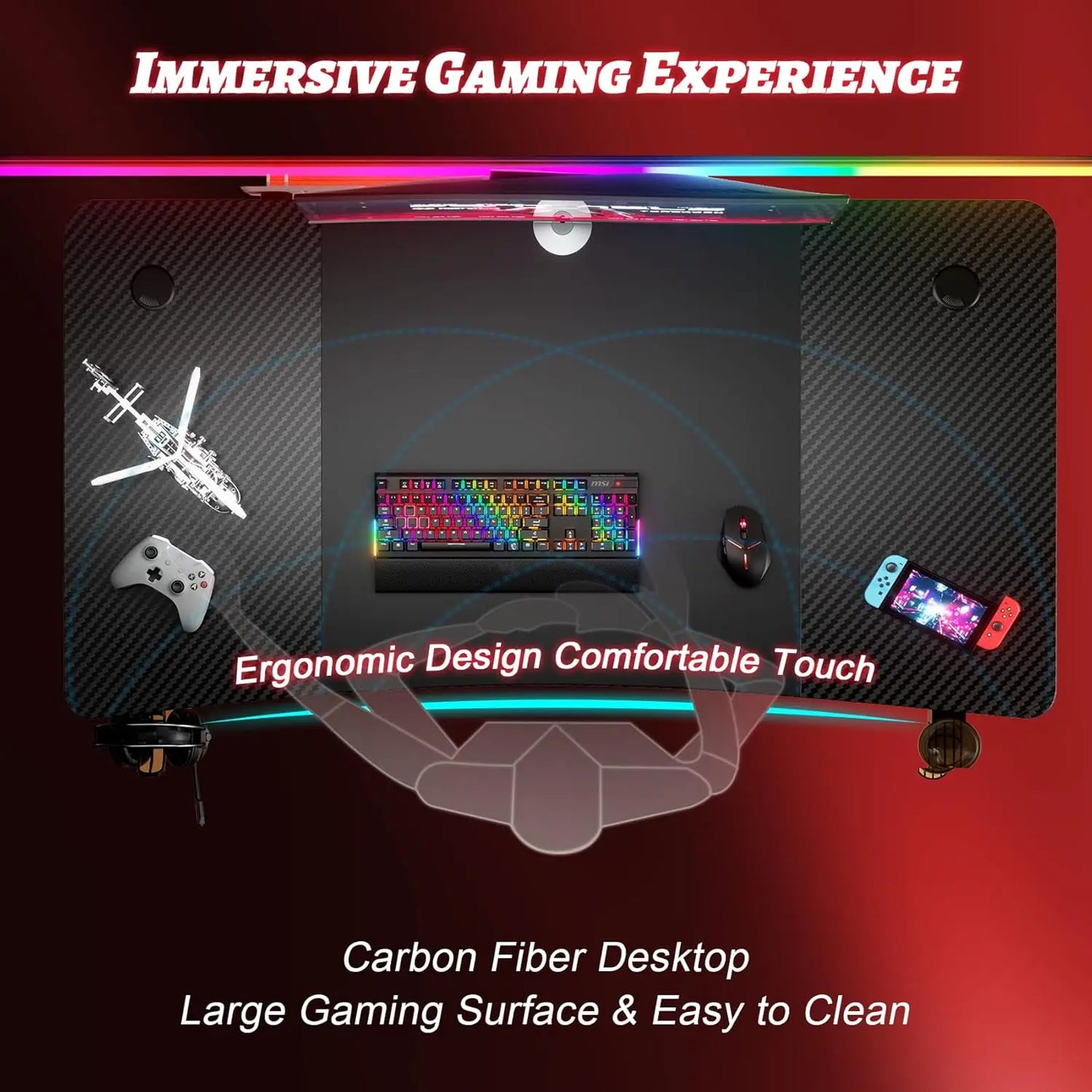 47 Inch Gaming Desk with Carbon Fibre Surface,Large Computer Desk Gaming Table,Ergonomic Pc Gaming Workstation Home Office Desks