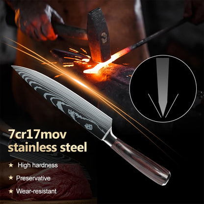 8/10pcs Japanese Kitchen Knives Set Laser Damascus Pattern