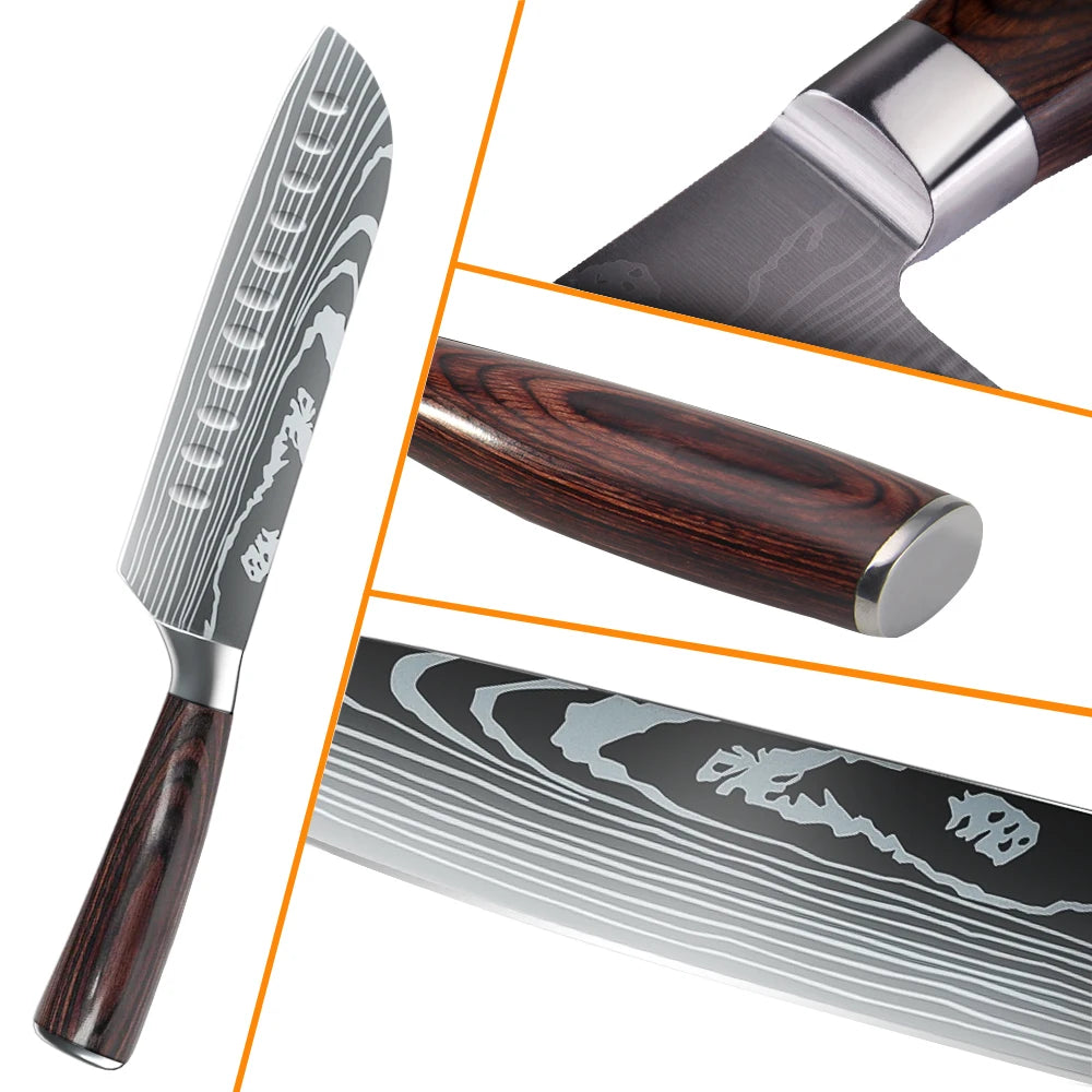 8/10pcs Japanese Kitchen Knives Set Laser Damascus Pattern