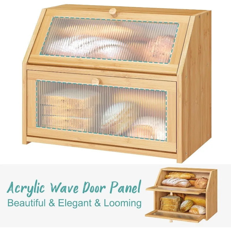 Bread Box for Kitchen Counter, Large Bamboo Wood Double Layer Bread Box, Wooden Bread Storage Capacity