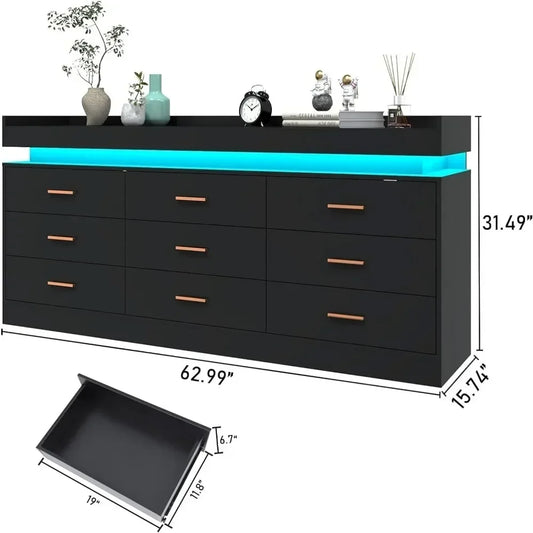 Modern 9 Drawer Dresser with LED Lighting Wide