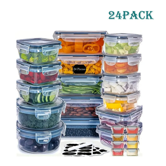 24pcs Kitchen Storage Container Set - Dishwasher Safe, Reusable Plastic with Flip Lids for Fruits, Vegetables & Meats - Inc