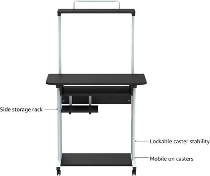 3 Tiers Rolling Computer Desk with Keyboard Tray and Printer Shelf for Home Office, Mobile Computer Desk for Small Space