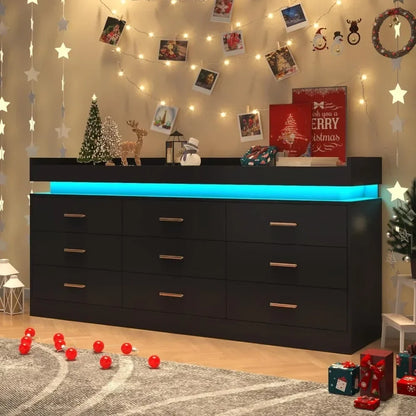 Modern 9 Drawer Dresser with LED Lighting Wide