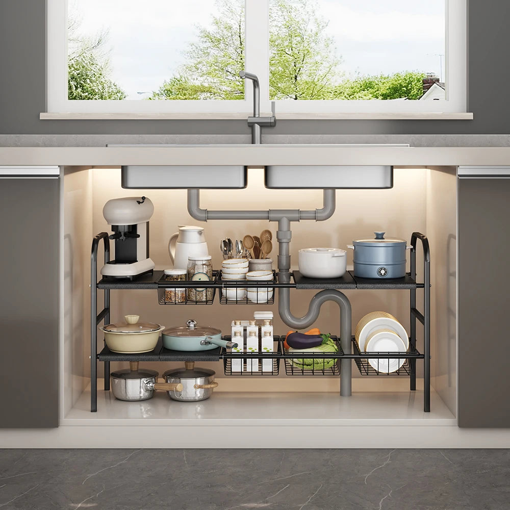 1 Set Kitchen Under Sink Organizers, Expandable Cabinet Shelf Organizer Rack With Removable Baskets, Retractable Shelf Organizer