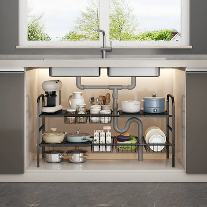 1 Set Kitchen Under Sink Organizers, Expandable Cabinet Shelf Organizer Rack With Removable Baskets, Retractable Shelf Organizer
