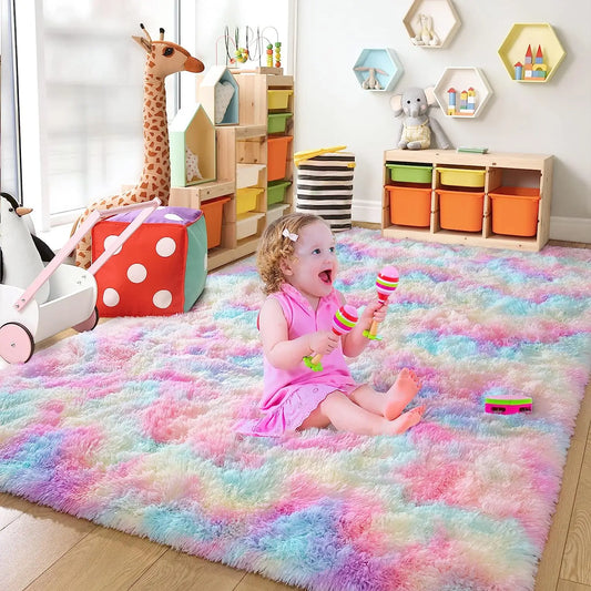 Soft Fluffy Rainbow Rugs for Girls Bedroom Shaggy Kids Playroom Home Decor Mat Colorful Plush Nursery Cute Fuzzy Carpet