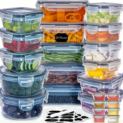 24pcs Kitchen Storage Container Set - Dishwasher Safe, Reusable Plastic with Flip Lids for Fruits, Vegetables & Meats - Inc