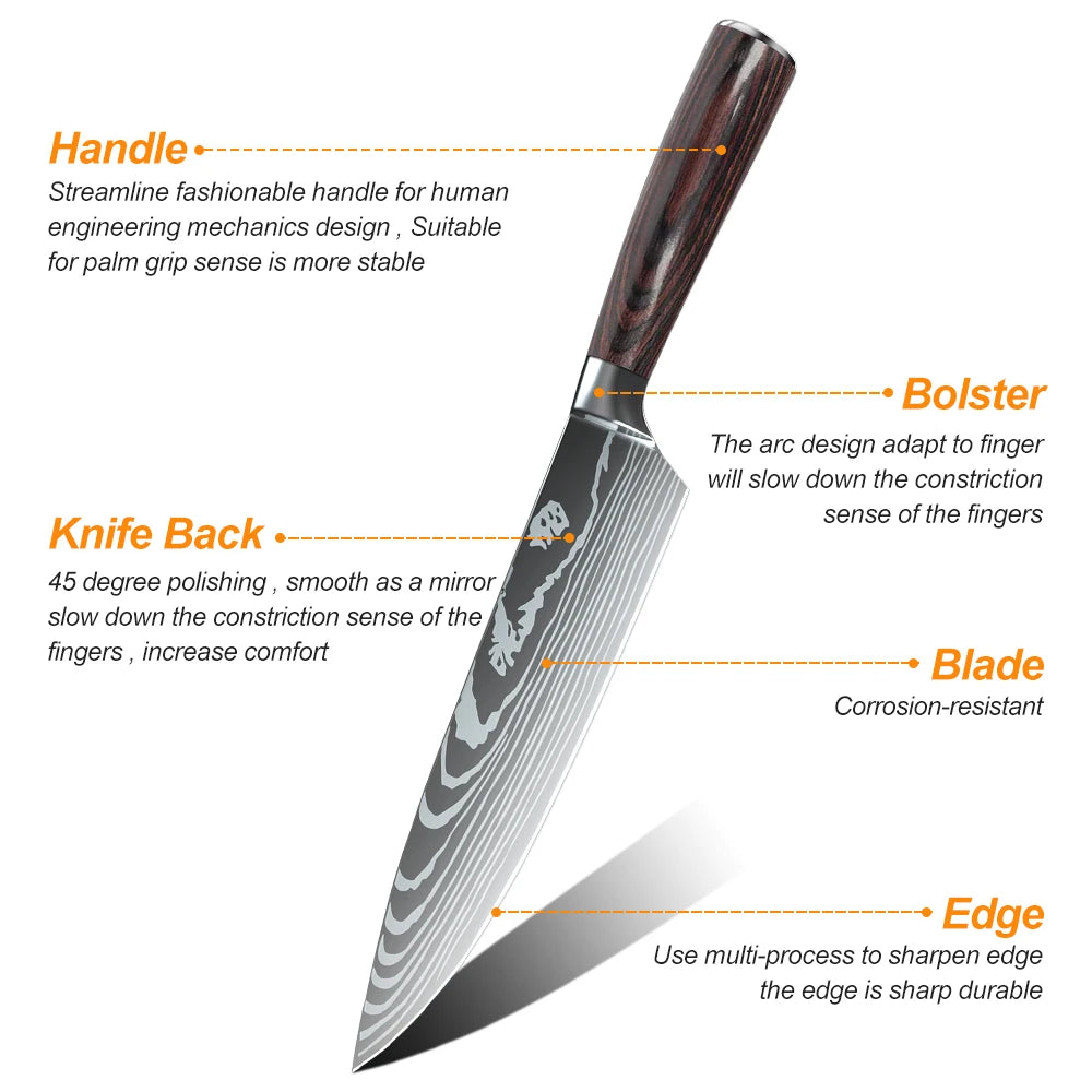 8/10pcs Japanese Kitchen Knives Set Laser Damascus Pattern