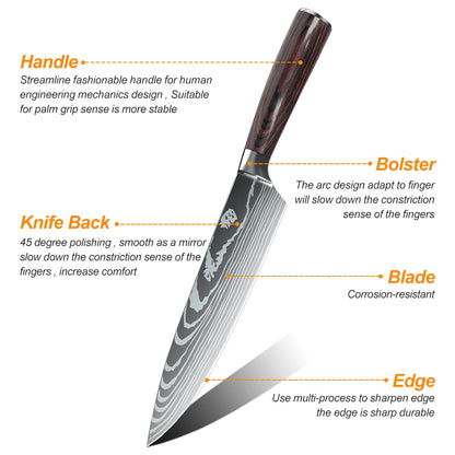 8/10pcs Japanese Kitchen Knives Set Laser Damascus Pattern