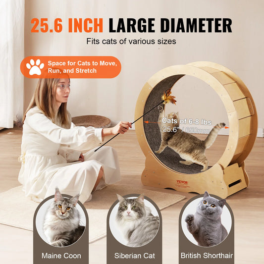 Silent Running Natural Wood Cat Exercise Wheel With Detachable Carpet for Cats Pet Fitness