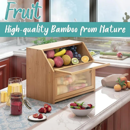 Bread Box for Kitchen Counter, Large Bamboo Wood Double Layer Bread Box, Wooden Bread Storage Capacity