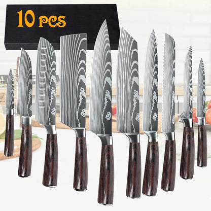 8/10pcs Japanese Kitchen Knives Set Laser Damascus Pattern